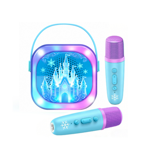 Kids Karaoke Machine with 2 Wireless Microphones - Portable Bluetooth Speaker with Light-Up Frozen Castle & Snowy Night Lights, Ice Princess Singing Toy Gift for Girls & Boys
