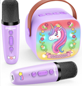 Kids Karaoke Machine with 2 Wireless Microphones - Portable Bluetooth Speaker with Magical Unicorn Glowing Lights, Premium Leather Handle Singing Toy Gift for Girls & Boys