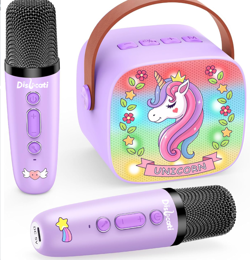 Kids Karaoke Machine with 2 Wireless Microphones - Portable Bluetooth Speaker with Magical Unicorn Glowing Lights, Premium Leather Handle Singing Toy Gift for Girls & Boys