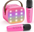 Kids Karaoke Machine with 2 Wireless Microphones - Portable Bluetooth Speaker with 16-LED Matrix Rainbow Dynamic Lights, Premium Leather Handle Singing Toy Gift for Girls & Boys