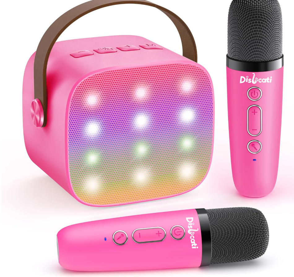 Kids Karaoke Machine with 2 Wireless Microphones - Portable Bluetooth Speaker with 16-LED Matrix Rainbow Dynamic Lights, Premium Leather Handle Singing Toy Gift for Girls & Boys