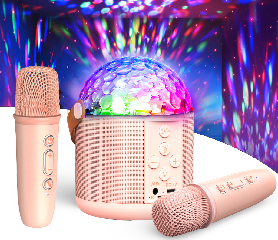 Kids & Adults Karaoke Machine with 2 Wireless Microphones - Portable Bluetooth Speaker with 360° Rotating Disco Ball Party Lights, Home Singing Cube Holiday Gift