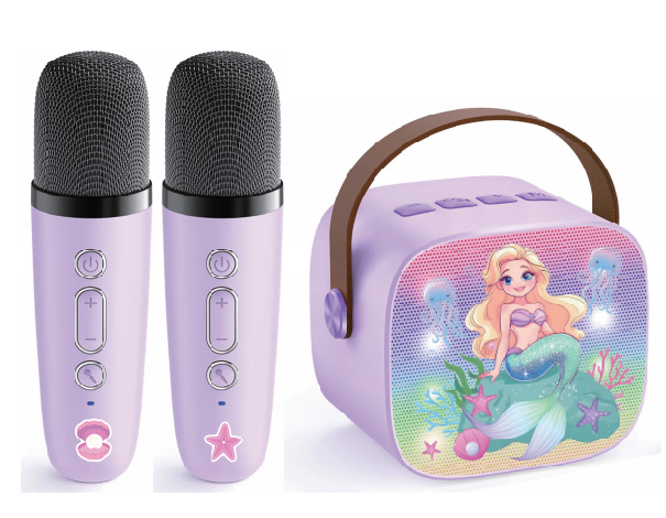 Kids Karaoke Machine with 2 Wireless Microphones - Portable Bluetooth Speaker with Light-Up Magical Mermaid, Purple Princess Singing Toy Birthday Gift for Girls & Toddlers