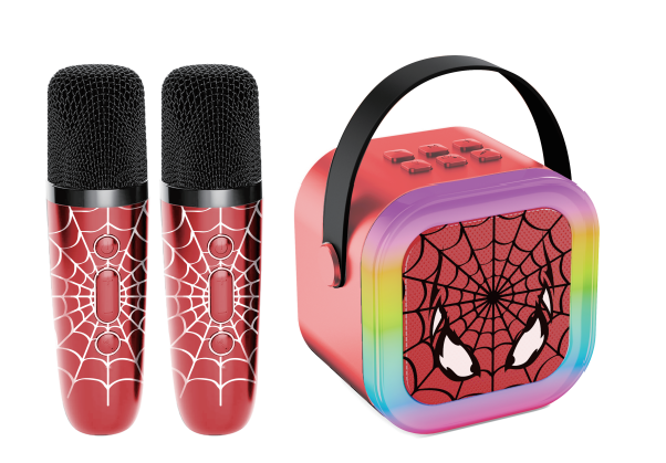 Kids Karaoke Machine with 2 Wireless Microphones - Portable Bluetooth Speaker with Cool Superhero Spider Eyes & Web Design, RGB Rainbow Light Edge Singing Toy Gift for Boys & Girls